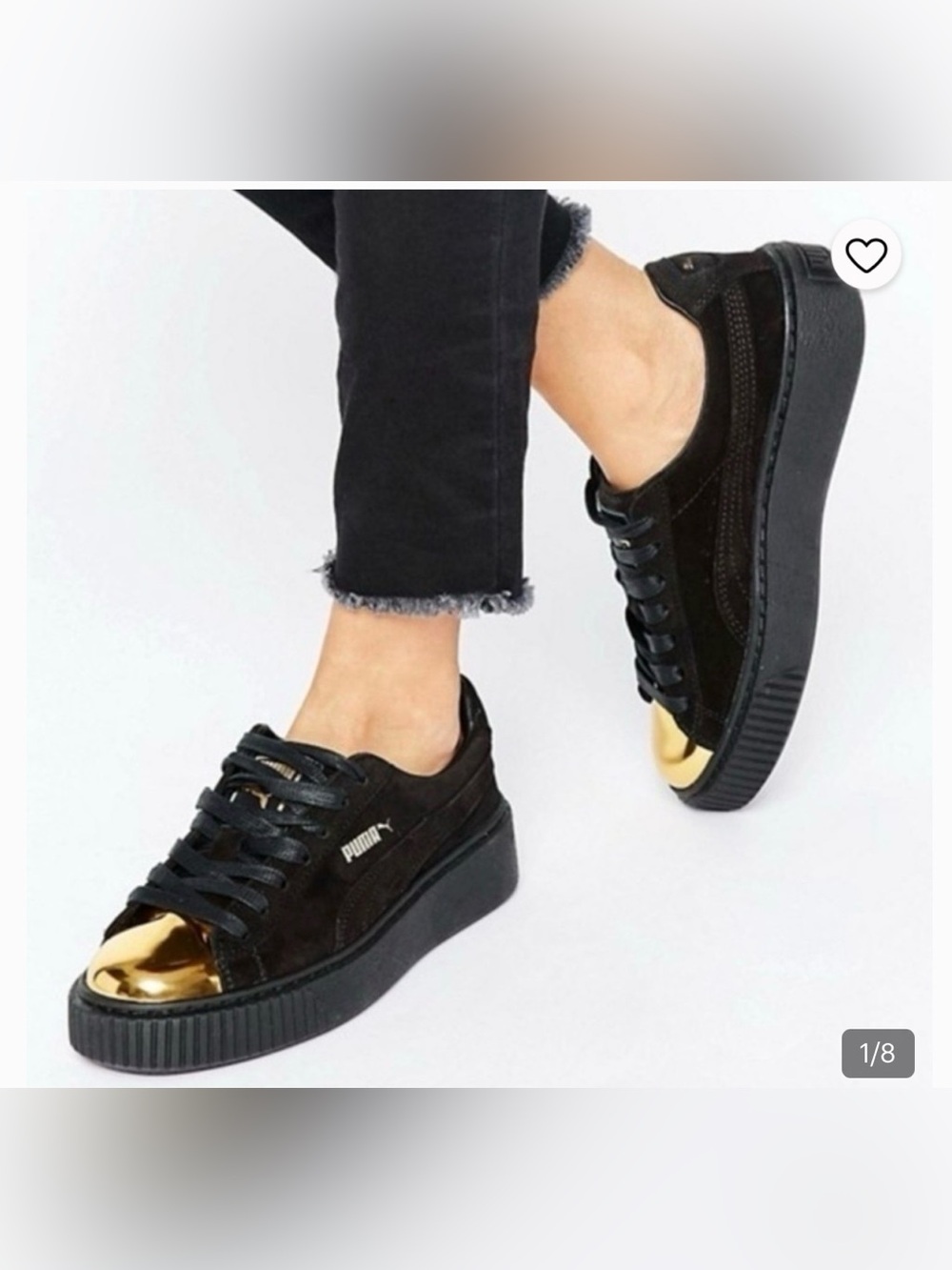 Puma Black Suede Platform Sneakers with Gold Toe Cap Women’s SZ. 9.5